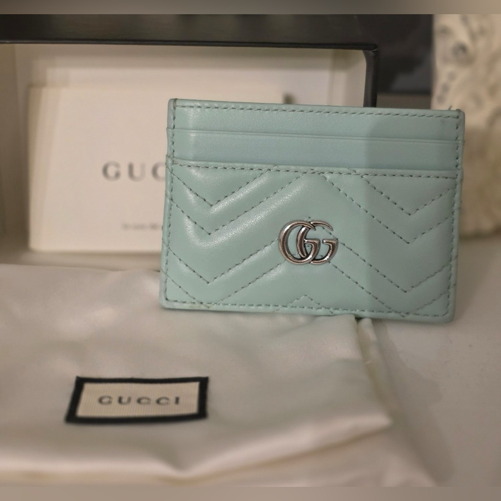 Calfskin Matelasse GG Marmont Card Holder Water Green